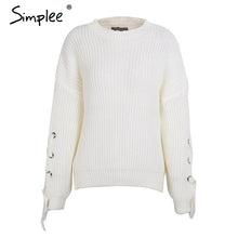 Load image into Gallery viewer, Simplee Casual o neck knitted sweater women jumper Lace up sleeve knitting pull femme 2017 autumn winter sweater pullover female